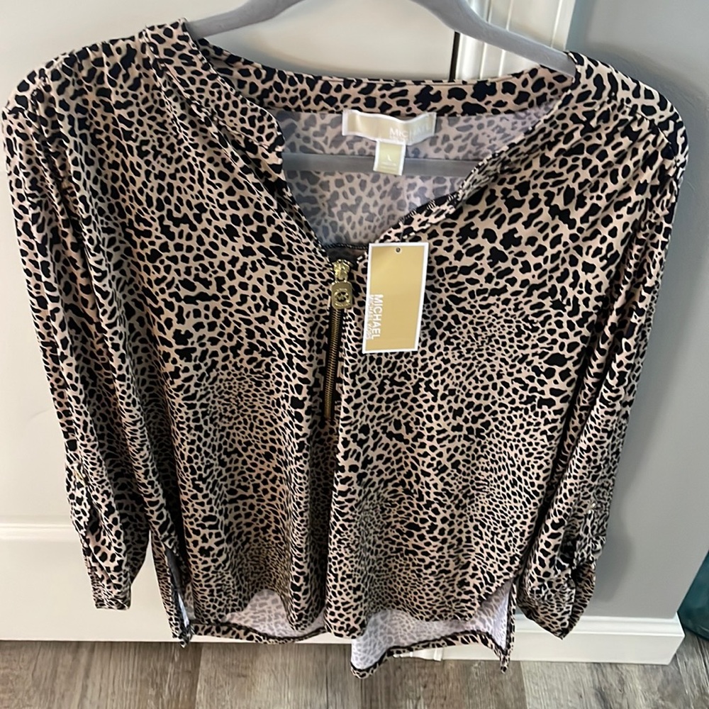 MICHAEL Michael Kors Beige and Black Leopard Print Zip-Front Blouse